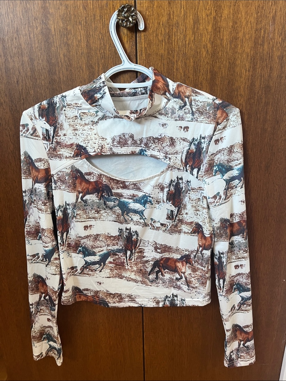 Horse Print Cutout Long Sleeve Top in Cream and Brown